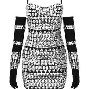 Crystal Embellished Black Dress w/ Gloves